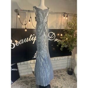 Ricarica‎ Stunning Silver Sequin Gown Flapper Style Evening Formal Dress Small